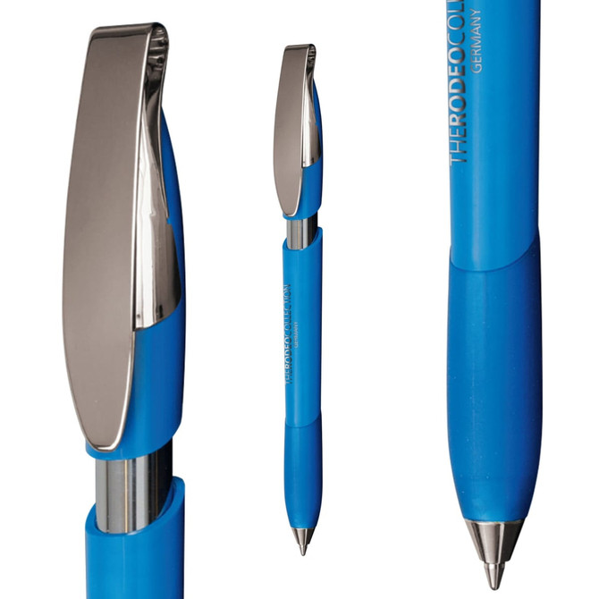 A blue plastic pen with a shiny chrome clip and grip. The pen features branding on the barrel.
