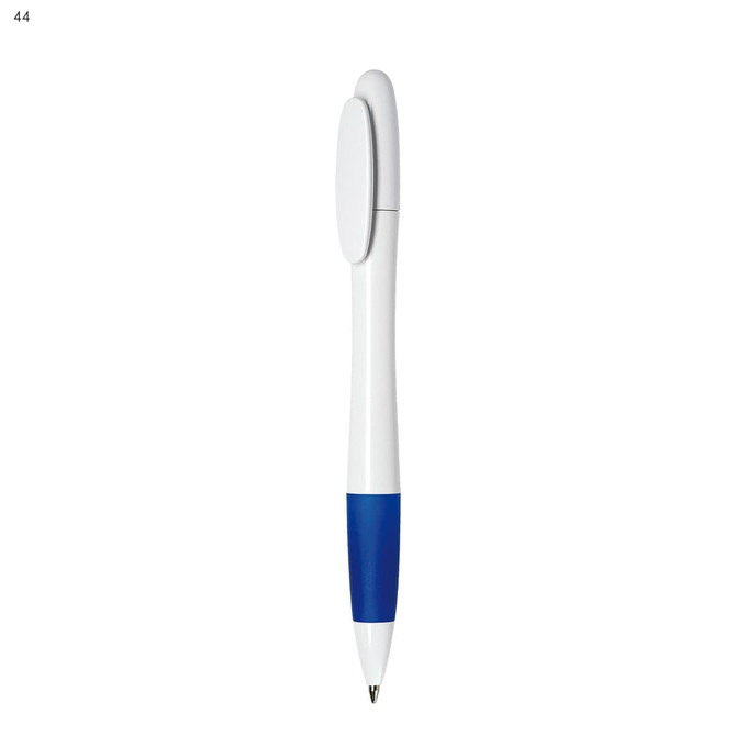 A white pen with a blue grip, featuring a smooth barrel design and a clip. It includes a branding logo.