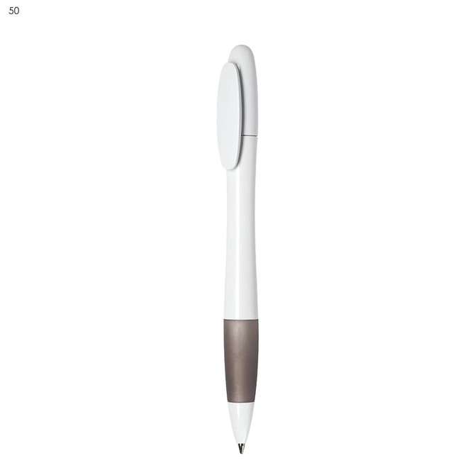 A white plastic pen with a grey grip, featuring a logo on its side.