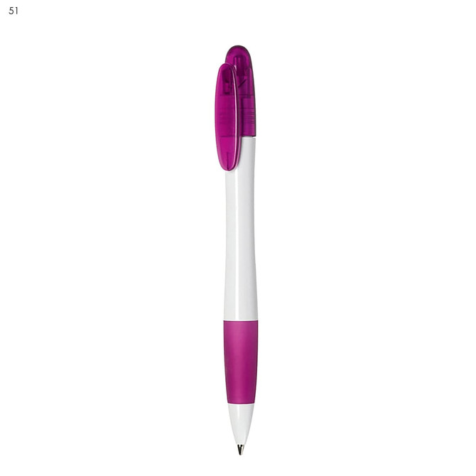 A plastic pen with a white body and purple accents, featuring a logo on the clip.