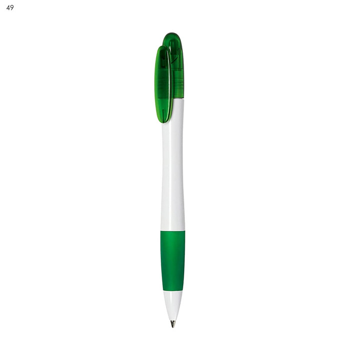 A green and white plastic pen with a logo on the side and a click mechanism for opening and closing.
