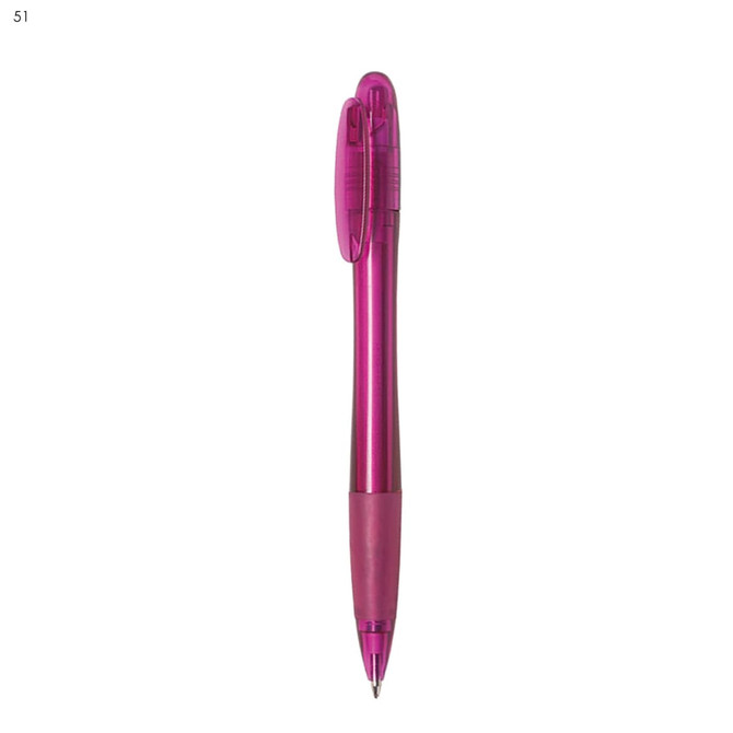 A pink plastic pen with a comfortable grip and a clip, featuring a logo on its side.