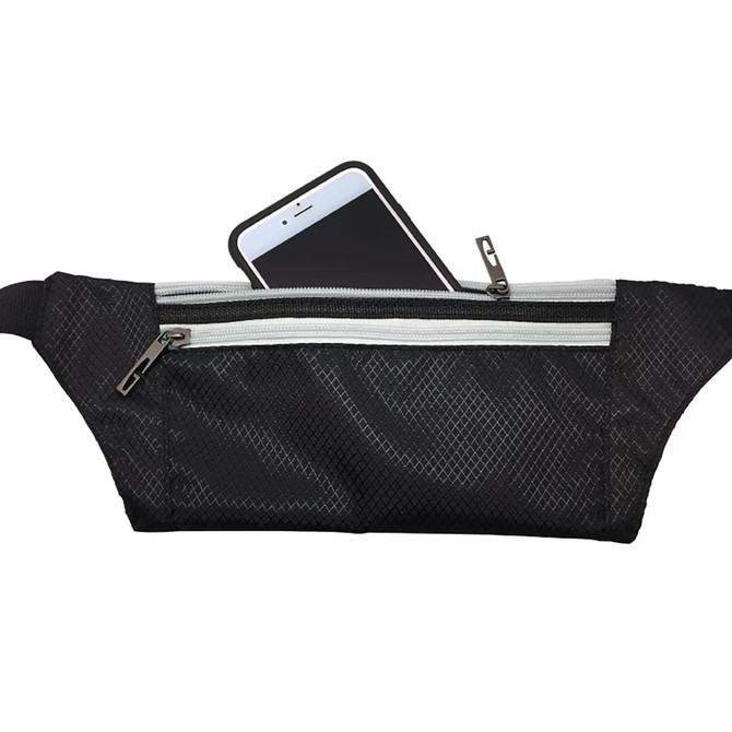 A black waist fitness belt with a front zip pocket and a smartphone partially inserted. It features a logo.
