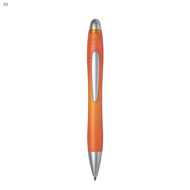 A plastic pen with an orange and silver design, featuring a branded logo.