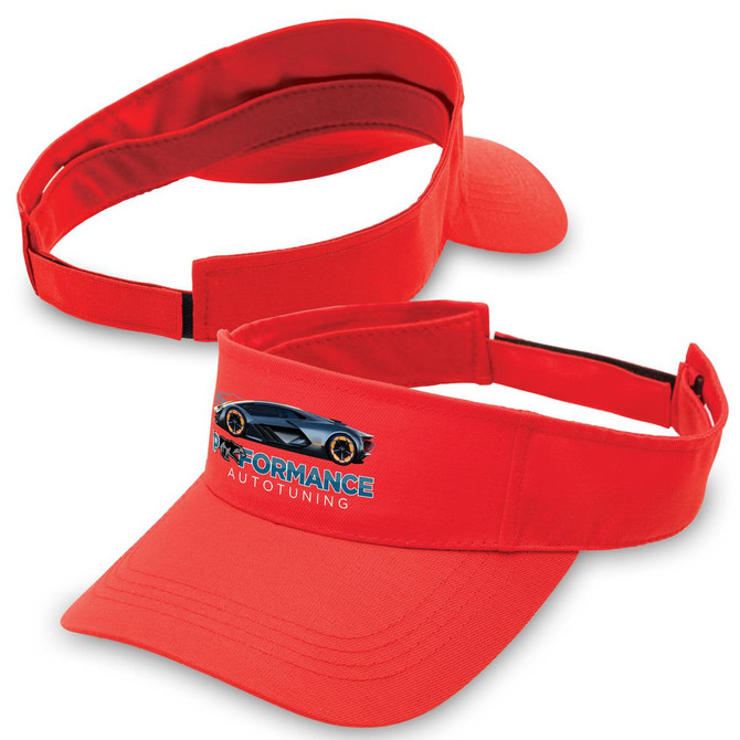A red visor with an adjustable strap and a logo featuring a stylised car. The design is simple and sporty.