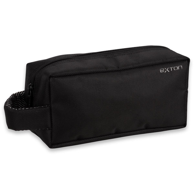 A black toiletry bag with a textured surface, featuring a zip closure and a side handle, includes a logo.