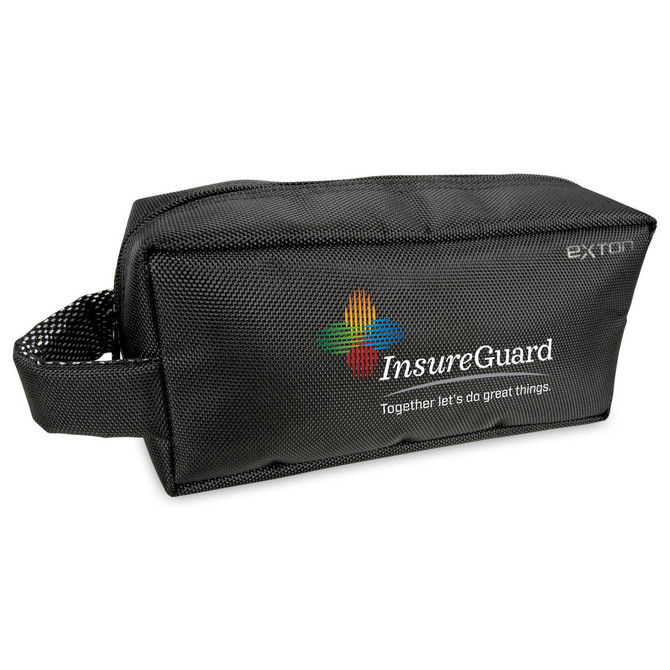 A black toiletry bag with a mesh design and a handle, featuring a logo on the front.