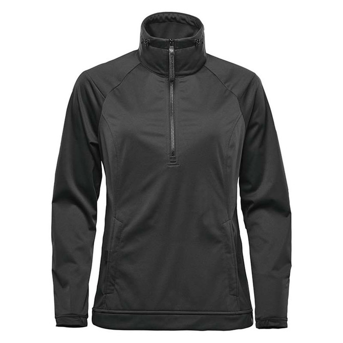 A black women's anorak jacket with a high collar and zip closure, featuring long sleeves and a sleek design.