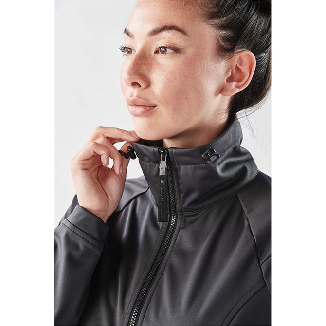 A close-up of a woman in a grey anorak jacket, adjusting the zipper near her chin. The jacket has a stand-up collar.