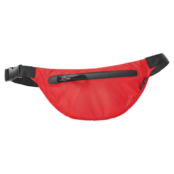 A red bum bag features a zippered pocket and an adjustable strap. It has a logo on the material.