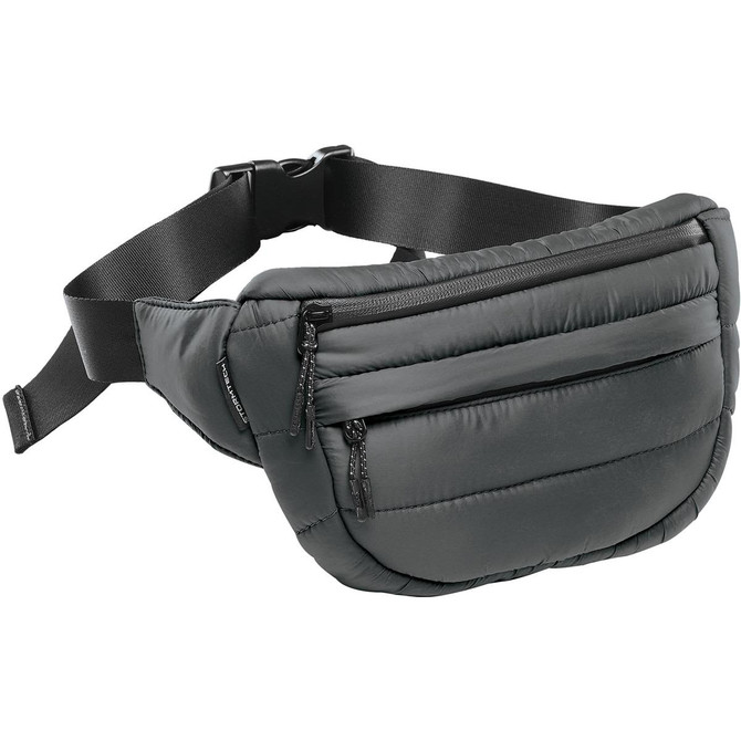 A green quilted waist bag with multiple zippered compartments and an adjustable strap. Features a logo on the front.