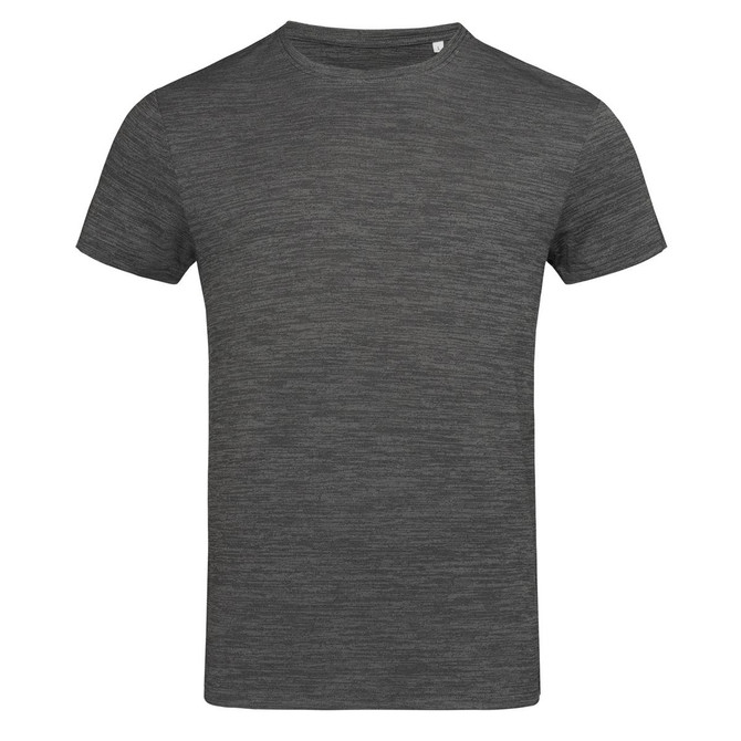 A grey marled T-shirt with a round neckline and short sleeves, featuring a logo.