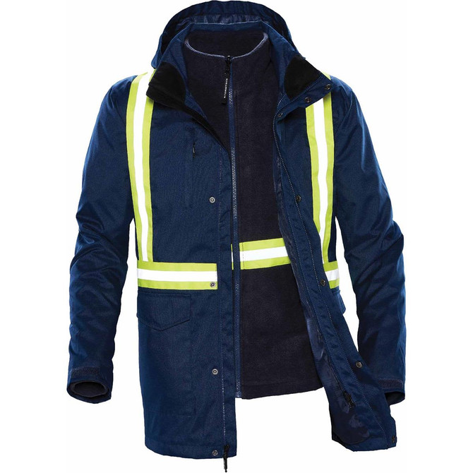 A navy blue reflective parka with yellow stripes, featuring a zip design and a removable inner layer.