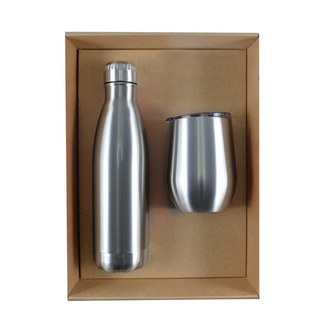 A drink bottle and a stainless steel tumbler are displayed in a cardboard gift set box.