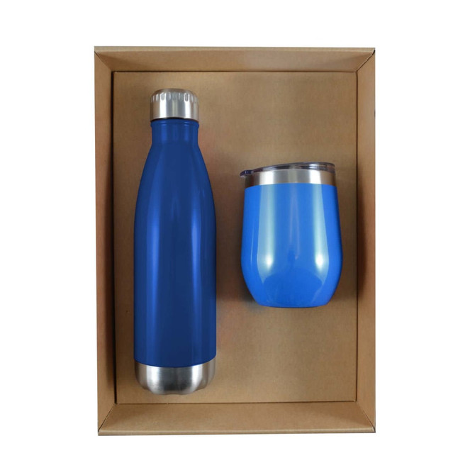 A drink bottle and a cup in shades of blue, presented together in a cardboard gift set.