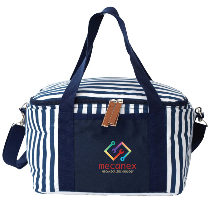A striped cotton canvas cooler bag in navy and white with dual handles and a removable strap, featuring a logo.