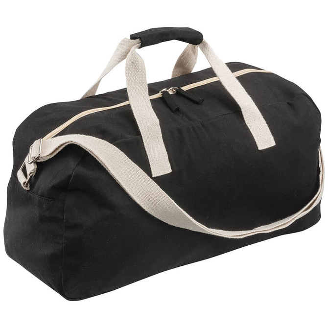 A black duffle bag with cream-coloured handles and a zippered opening, featuring a logo.