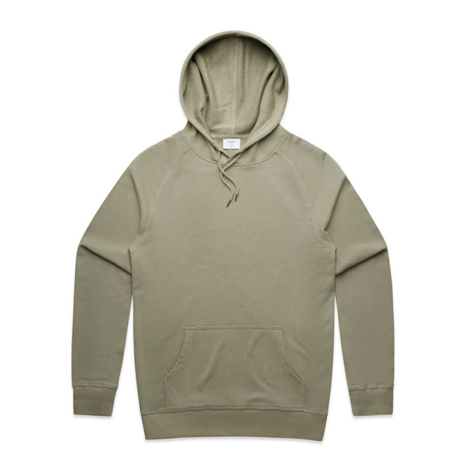 A sage green hoodie with a front pocket and a drawstring hood. It features a logo on the label.