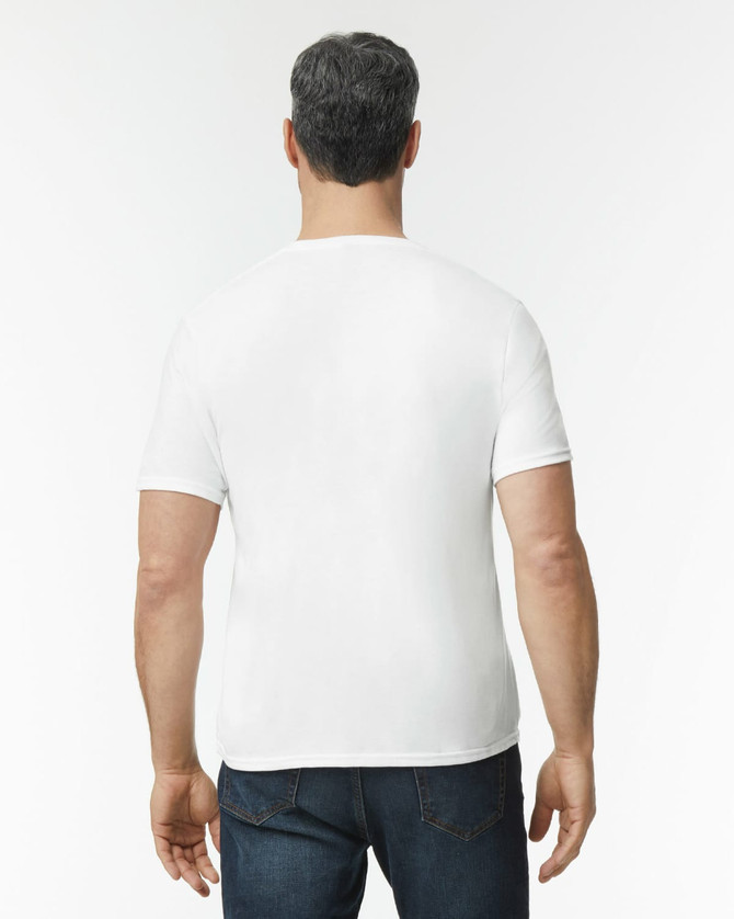 A white adult tri-blend tee displayed from the back, featuring a plain design and a casual fit.