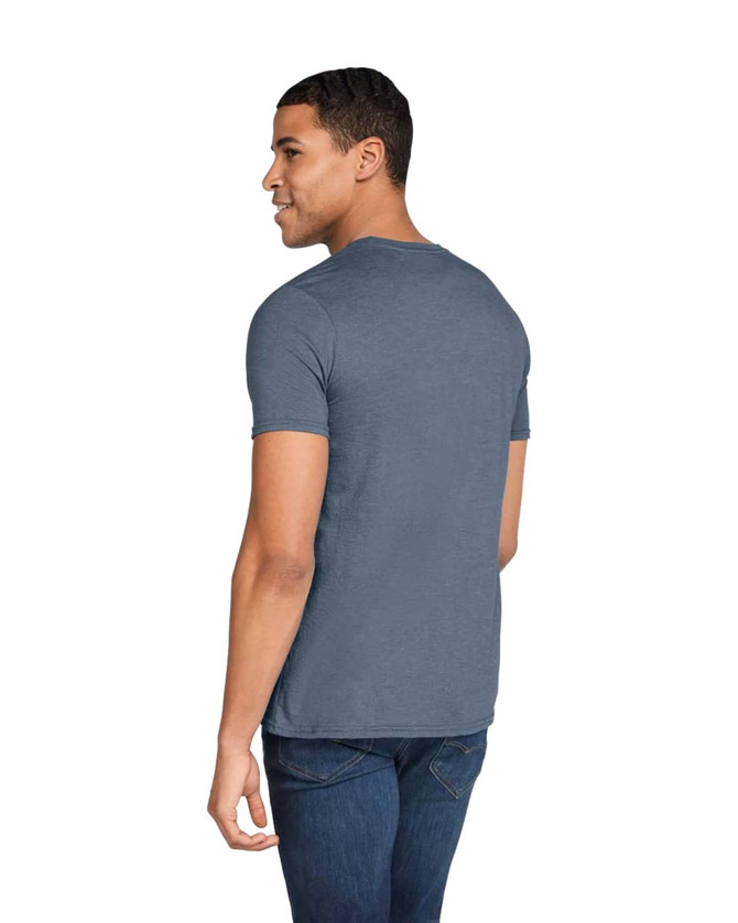 A man wearing a grey adult tri-blend tee, viewed from the back, with a casual fit and a logo on the shirt.