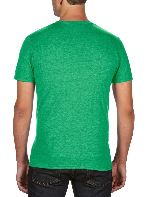 A green adult tri-blend tee is displayed, featuring a simple short-sleeve design. The back view is shown.