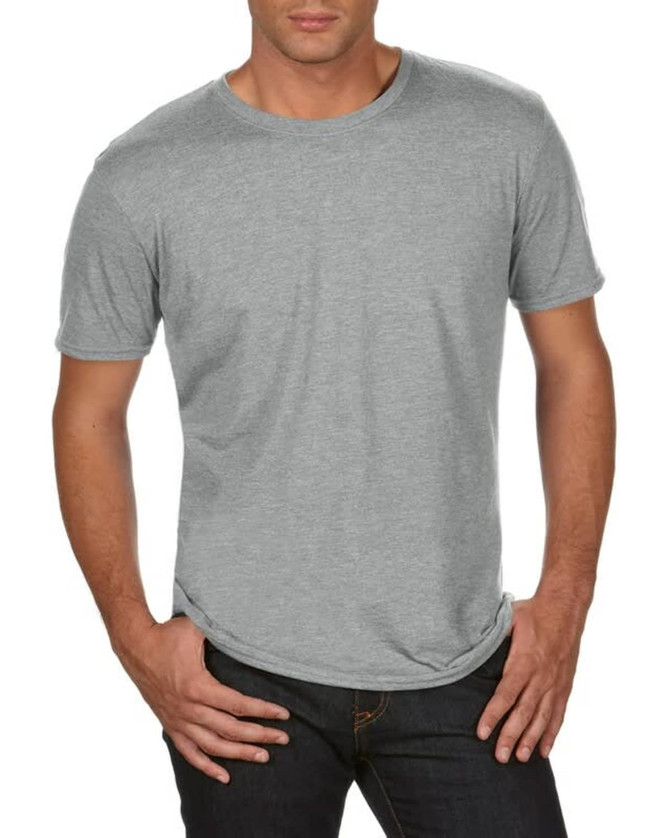 A grey adult tri-blend tee displayed on a torso, featuring a round neckline and short sleeves.