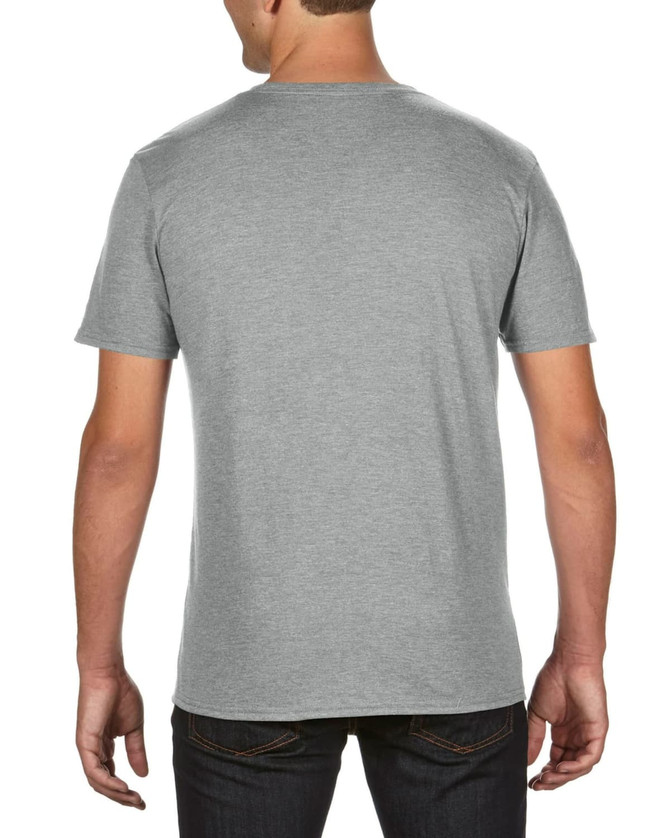 A grey adult tri-blend tee viewed from the back, featuring short sleeves and a fitted style.