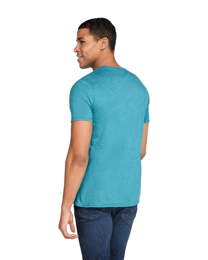A man is wearing a turquoise adult tri-blend tee, showcasing the back of the shirt.