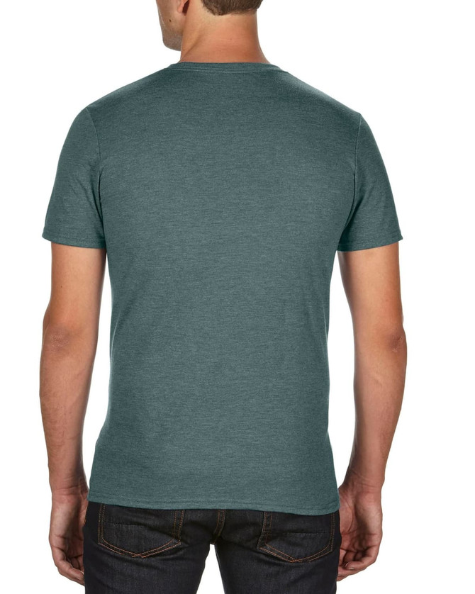 A green adult tri-blend tee displayed from the back, featuring a simple design and a fitted style.