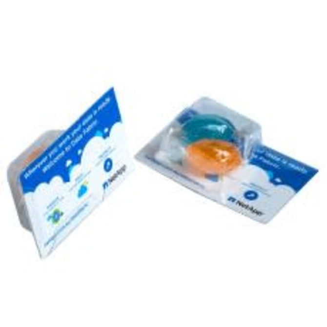 Small Biz Card Treats with boiled lollies in blue and orange packaging, featuring a logo or branding.