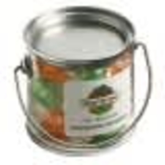 A small silver PVC bucket filled with colourful boiled lollies, featuring a branded label on the front.