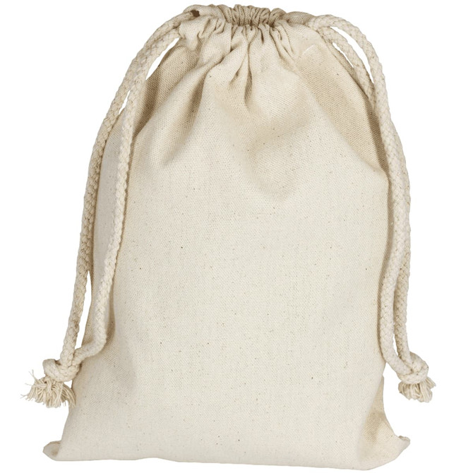 A cream coloured cotton drawstring bag with braided rope ties and a simple design. It features a logo design.