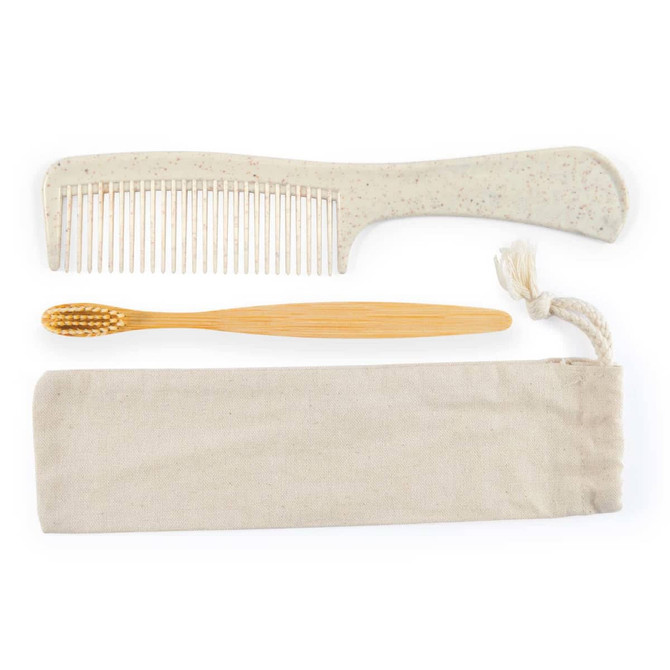 A beige toiletry bag containing a wooden toothbrush and a beige comb with a speckled design.