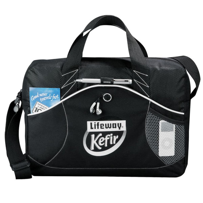 A black laptop bag featuring a mesh pocket, shoulder strap, and branding.