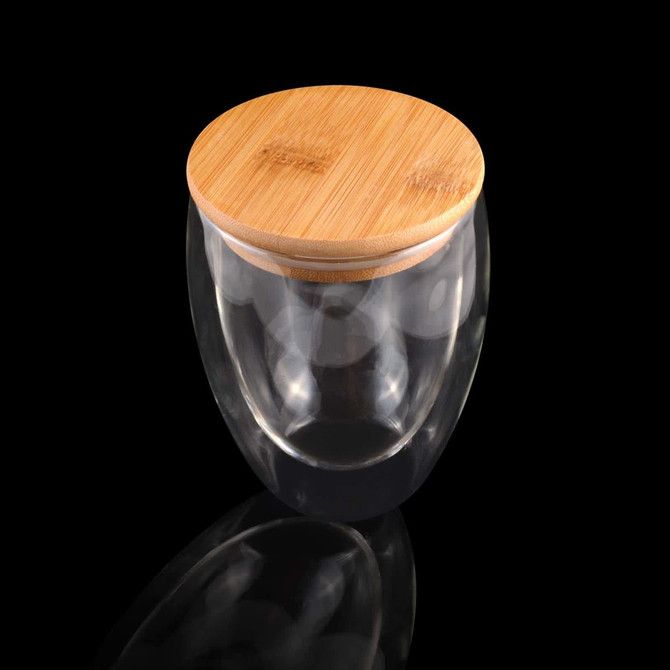 A drink bottle featuring a transparent double wall glass design with a bamboo lid.