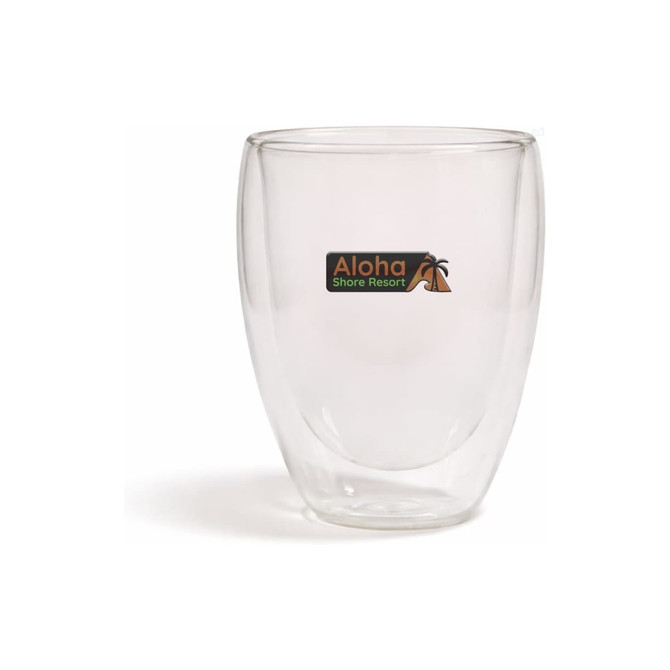 A double-walled glass cup in clear glass with a logo on the front, designed for beverages.