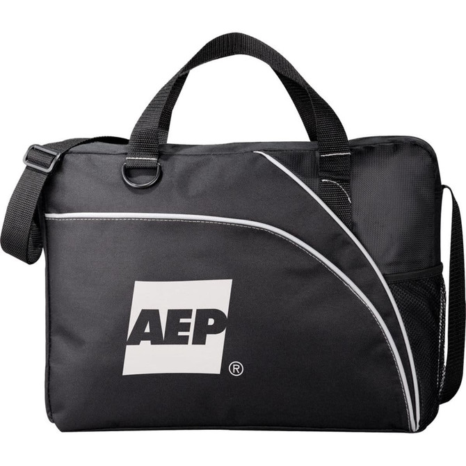 A black laptop bag with a shoulder strap, featuring a logo and a mesh side pocket.