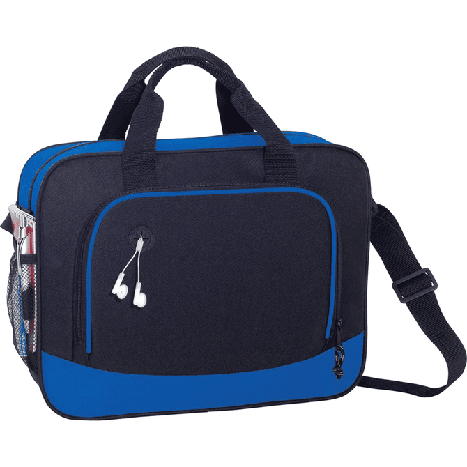 A black and blue laptop briefcase with a shoulder strap, featuring a side pocket and earphone holder, includes a logo.