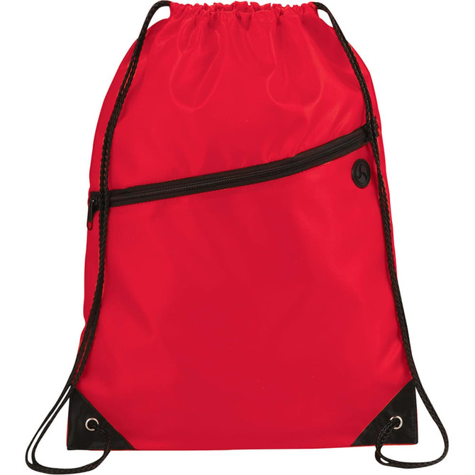 A red drawstring bag featuring a zippered pocket and black accents, with corded straps for carrying.
