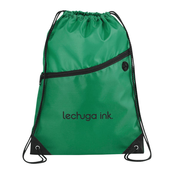 A green drawstring bag with a black zipper pocket and a logo. It features black straps for easy carrying.