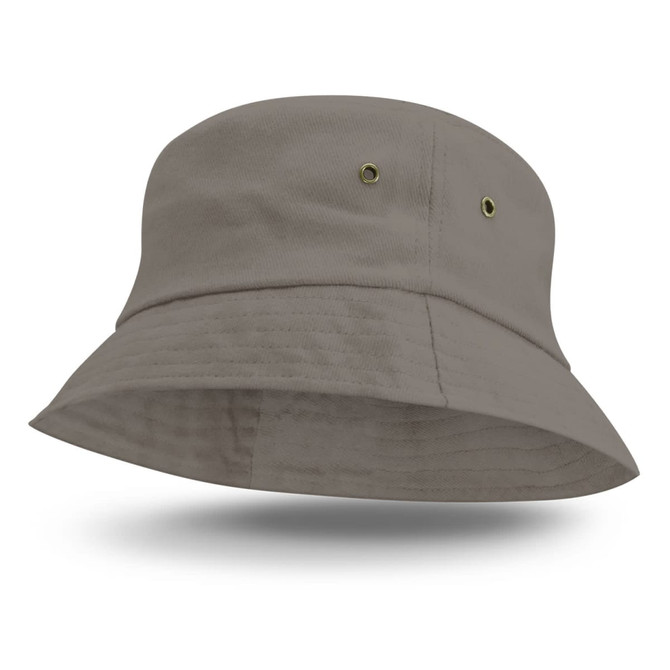 A light grey bucket hat with a wide brim and ventilation eyelets, featuring a logo on the side.