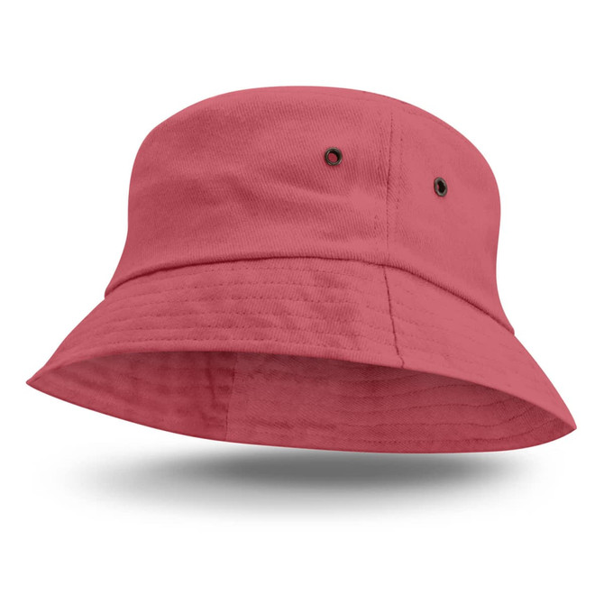 A pink Bondi bucket hat with a wide brim and ventilation holes. It features a simple design and has a logo.