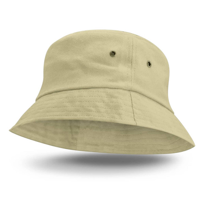 A light khaki Bondi Bucket Hat featuring a wide brim and two ventilation eyelets on the sides.