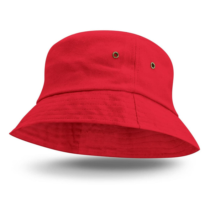 A red Bondi Bucket Hat with a wide brim and ventilation eyelets.