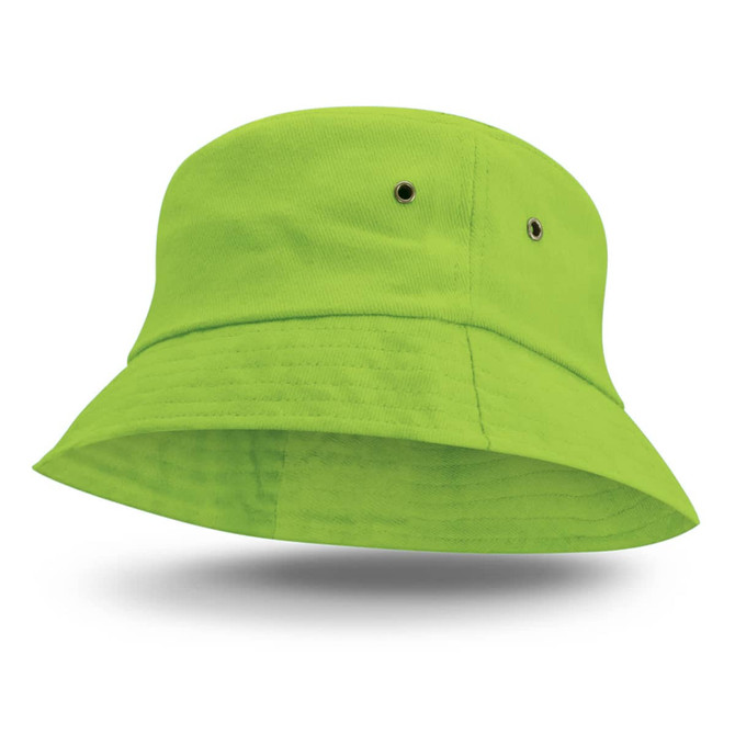 A bright green Bondi Bucket Hat featuring a wide brim and eyelets for breathability.