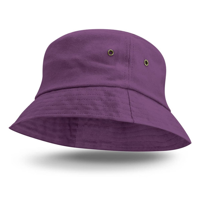 A purple Bondi Bucket Hat featuring a wide brim and ventilation eyelets.