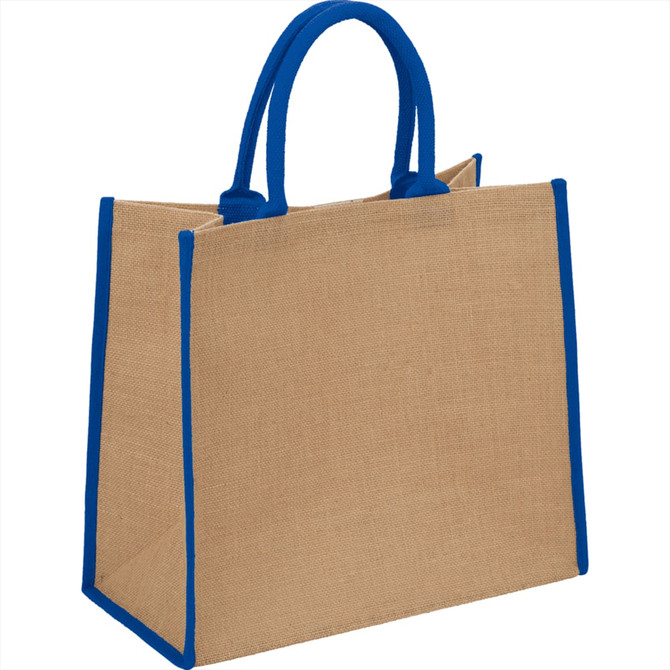 A large jute tote in a natural tan colour with blue handles and trim. The bag features a logo.