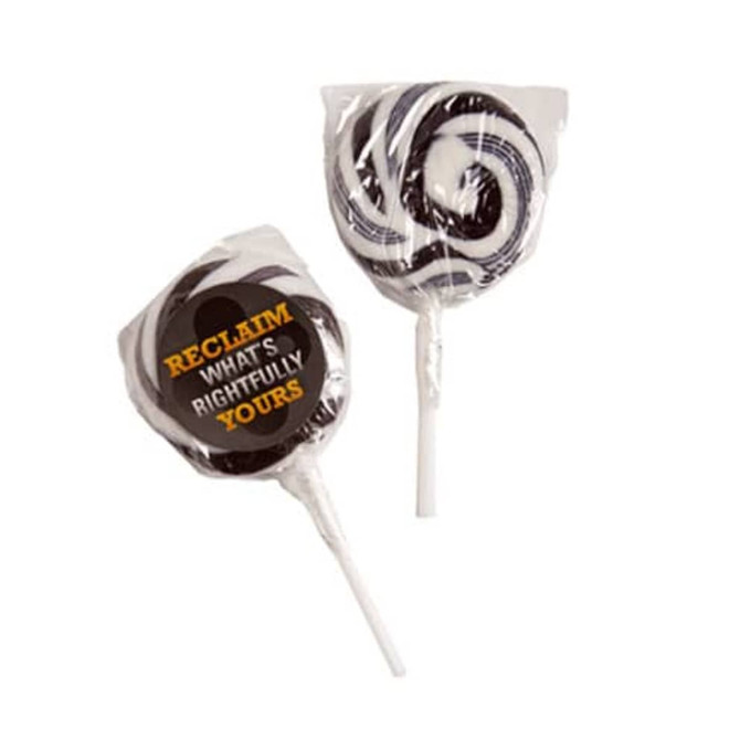 Medium black lollipops wrapped in plastic, featuring a logo on one of the lollipops.