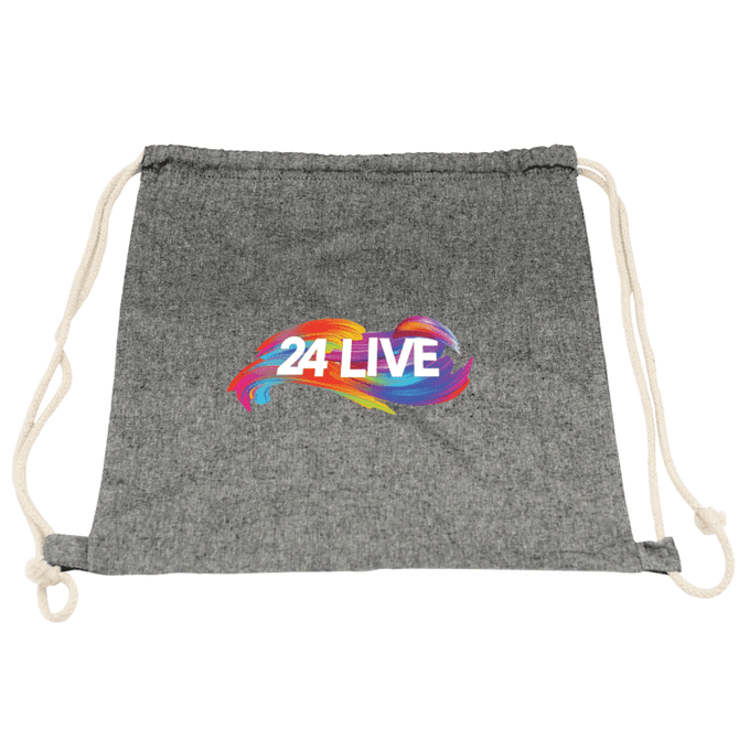 A grey drawstring bag with a colourful logo design and natural-coloured cords.
