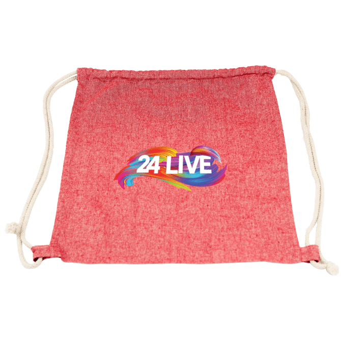 A red custom-dyed drawstring bag with a logo in the centre and contrasting drawstrings.